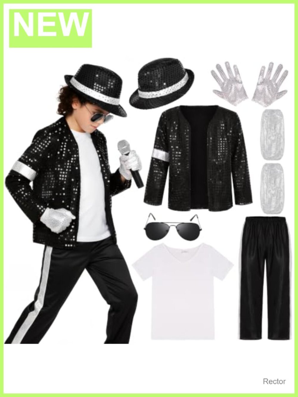Kids 80s 90s Sequin Dance Costume Set with Hat Gloves Sunglasses